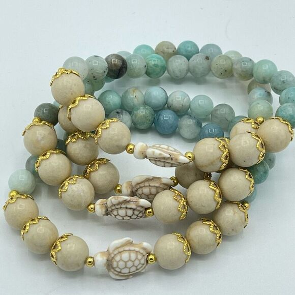 Crystal beaded stretch bracelet ONE NEW white jade turtle Amazonite meditation y - Picture 9 of 9
